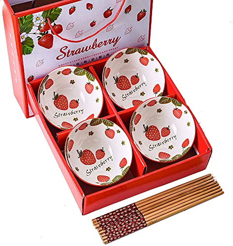 Lot de 4 bols en céramique en forme de fraise, bols en porcelaine, bols en céramique, boîte cadeau, bols à riz