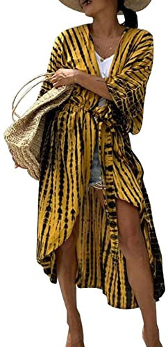 Baynetin Long Beach Kleid für Frauen, Damen Lose Sommer Pareos, Maxi Strandkleid Boho Kimono Lang Strand Cardigan Beachwear, Front Offen Blumen Bluse Bikini Cover-Up Einheitsgröße (Gelb)