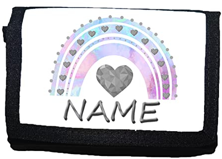 Maus-Design Kinder Geldbörse personalisiert, Pastell Regenbogen | Mit Name, Schriftartwahl, Klettverschluss, Schlüsselring, Fenster