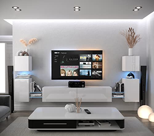Furnitech Wohnwand Wohnzimmer | Wohnzimmer Möbel mit LED RGB - 16 Farben | Hängend Wohnwand Modern | Wohnzimmer Schrankwand mit Regale und TV Schrank (AN105-21W-HG2 1B)
