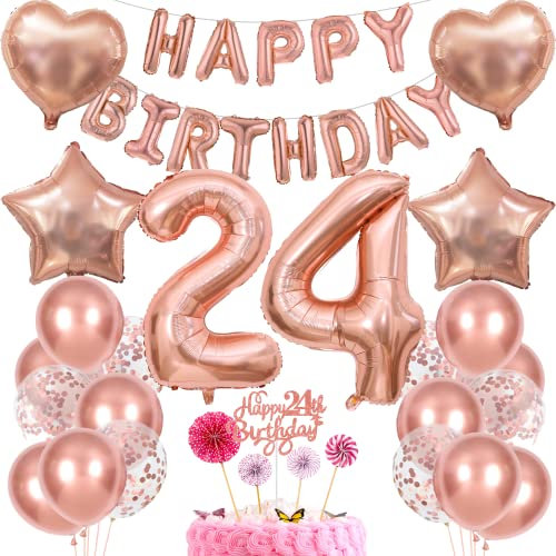 Rose Gold 24 Women Birthday Decoration - Cake Decoration, Balloon, Gift
