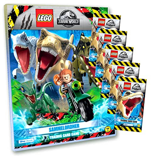 Lego Jurassic World Serie 2 Karten - Trading Cards - 1 Sammelmappe + 5 Booster Sammelkarten Bundle + 10 Originale Hüllen