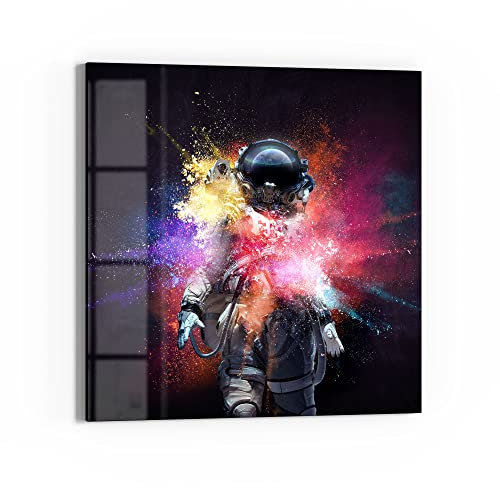 DEQORI Glasbild Echtglas | Motiv Kosmonaut in Farbknall | quadratisch einteilig 30x30 cm | schöne Dekoration | Wandbild für Wohnzimmer, Schlafzimmer, Flur & Küche | moderne Wanddeko