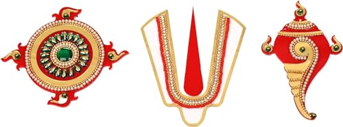 Shubh Labh Ganesh ji Shankh Chakra Namah of Lord Vishnu Tirupati Balaji Tilak Acrylic Rangoli Stickers Wall Handcrafted Indian Traditional Festival Pooja Main Door Mandir Home Decor (Size:-4)(Red)