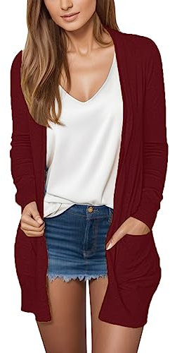 CHENSIYU Damen Langarm Cardigan Bunter Blumendruck Lang Strickjacke Tasche Sommer Herbst Strickjacke Lässige Leichte Strickjacke Langärmelig Mittellang Strickjacke (Wine, S)