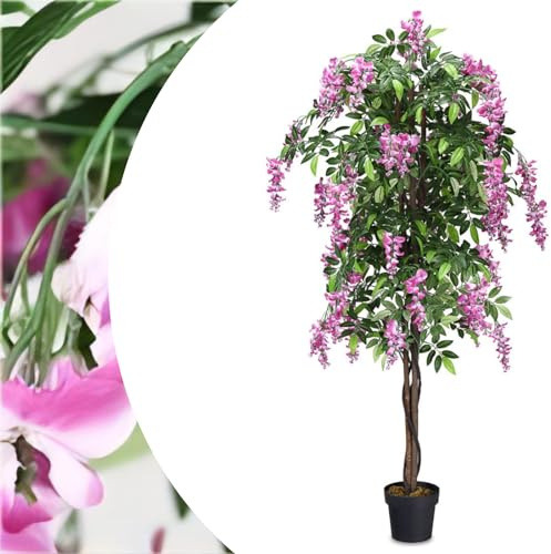 SPOTRAVEL 180CM Artificial Plant Ficus Tree, 1 PC Fake Wisteria Tree | Ficus Plant with Plastic Pot, Indoor Outdoor Greenery Tall Faux Floor Plant for Home Restaurant Office (Green+Rose)