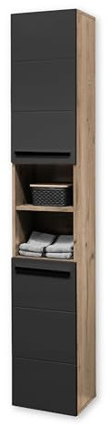 70-565-DR Hochschrank VISTA Badschrank Seitenschrank in Viking Oak / Schwarz ca. 34 x 190 x 31 cm