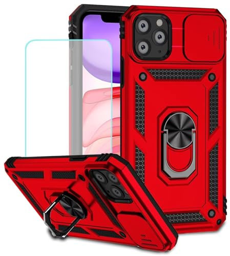 Jhxtech for iPhone 11 Pro Case 5.8 Case with Tempered Glass Screen Protector and Slide Camera Cover, Magnetic Ring Car Mount Holder Kickstand Protective Cases Cover for Apple iPhone 11 Pro Red