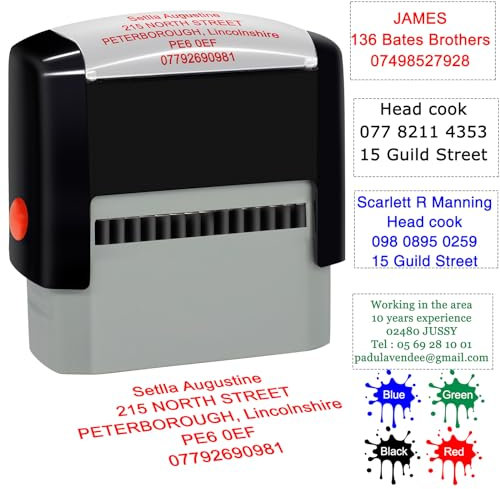 Personalisierter Stempel, selbstfärbender Gummistempel, für Geschäftsadressen, personalisierbar, Datumsstempel, bis zu 5 Zeilen, 70 x 25 mm, 4 Farben und Schriftarten zur Auswahl…