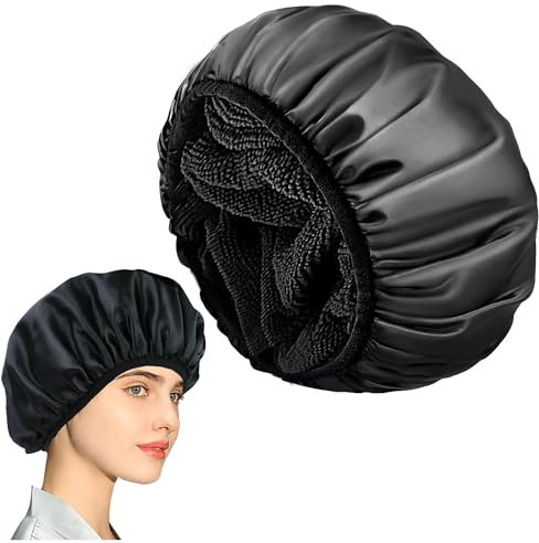 1-Pack Double Layer Waterproof Shower Cap with Elastic Band, Soft and Durable Bathing Cap for Women and Girls, Ideal for Hair Care, Makeup, and Showering (Black)