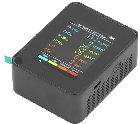 Détecteur de qualité de l'air, Moniteur Portable d'intérieur, écran LCD rétro-éclairé, CO2 TVOC HCHO PM2.5 PM10, Testeur avec Alarme (BLACK)