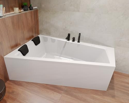 BADLAND Badewanne Original Weiß Acryl Wanne Eckbadewanne INTIMA 180x125 Links KOMPLETTSET SET + Kopfstützen + Füßen und Exklusive Chrom Automatik Ablaufgarnitur Made in EU 4in1