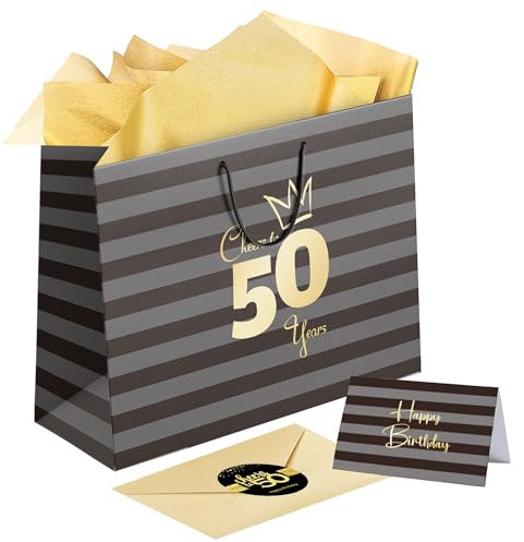 Sumerk 1 Stück 13 Geschenktüte 50 Geburtstag Mann 50th Birthday Gift Bag with Tissue Paper Birthday Greeting Cards Stickers Paper Gift Bags for Women Men Girls