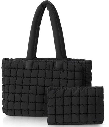 Juoxeepy Laptop-Tragetasche für Damen, Arbeitstasche, gesteppt, Puffer-Tragetasche, Puffy-Wickeltasche, Krankenschwestertasche mit Fächern, Schwarz, Large