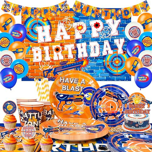 Fournitures de Fête D'anniversaire Dart War,108pcs Décorations de Fête de Fléchettes&Vaisselle pour Fête sur le Fléchettes - Assiette Anniversaire Fléchettes Nappe Ballon etc Dart War Articles de Fête