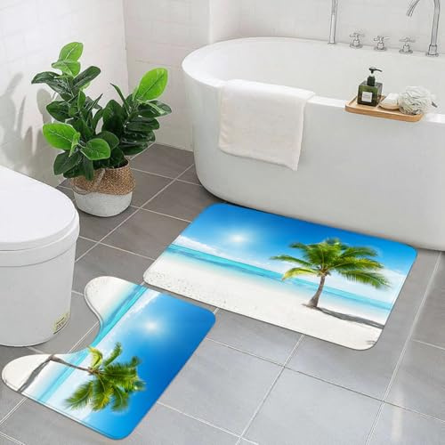 EYLOZS Badezimmerteppich Set 2 Teilig Waschbar rutschfeste Badematte Toilettenmatte Weich Saugfähige Badteppiche,Landschaft, Karibik, Malediven, Strand, Insel, Meer, Ozean, Palmen, Kunstdruck, blau,