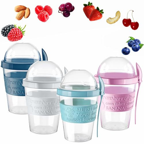 vingardium leviosa Yogurt Pots Spoon Reusable 600ML Overnight Oats Muesli Cup with Lid BPAfree Breakfast Cereal To Go Dishwasher Safe Snack Lunch Oatmeal Jars Travel Meal Food Container 20oz (Set 4)