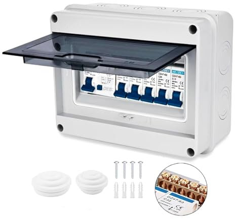 Sicherungskasten 4-Wege, IP65 Wasserdichte Sicherungskasten mit fi Schalter, Mini Sicherungskasten Aufputz für Wohnwagen, Garagen, Werkstätten, 63A 30mA RCD 4MCB 2x6A+10A+20A+32A