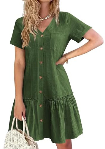 HOTOUCH Summer Dresses for Women UK Button Down Mini Dress Cotton Linen Dress Short Sleeve Beach Dress Ruffle Hem Casual Dress Army Green L