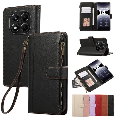 Rosbtib Handyhülle für Xiaomi Redmi Note 14 Pro 5G/Redmi Note 14 Pro Plus 5G 6.67 Zoll 2025 Lederhülle Reißverschluss Magnetverschluss Brieftasche mit 4 Kartenfächern Standfuntion, Schwarz