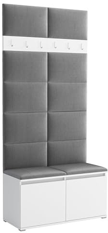 Brent - Garderobenschrank Flur Weiß mit sitzbank 100 cm Breit Luton 1 - Multifunktionale Flurgarderobe Set mit Stauraum und Wandpaneel, Garderobe mit Sitzfläche und Kleiderhaken