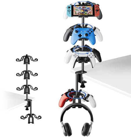 ZHGM Rotatable Aluminum Desk Clamp Controller Holder, 4 Tier Universal Under Desk Controller Headphone Stand Compatible with Xbox PS5 Nintendo Switch PS4, Gaming Headset Holder Hanger (Black)