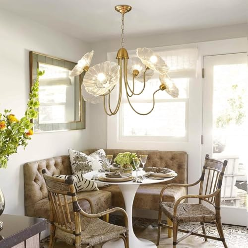 Stesulfr Moderner nordischer Kronleuchter mit 6 Lichtern Hängelampe für Kücheninseln Lotusblatt Hängelampe aus Glas Leuchte Hängelampe französische klassische Blumenleuchte Wohnzimmer Esszimmer Schlaf