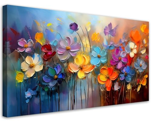 Feeby Bilder - Foto Geschenk - Bunte gemalte Blumen - 120x60 1tlg - Leinwandbilder Wohnzimmer - Wandbild über dem Bett - Bild Schlafzimmer - Aesthetic Zimmer Deko - Modern Pictures
