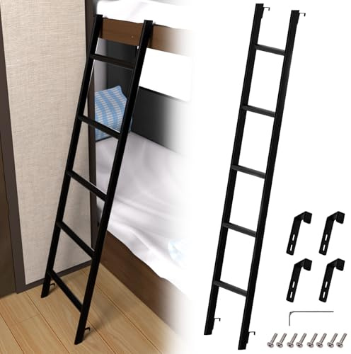 Schwarz Hochbett Leiter, 152 cm, 4 Haken, Einteiliger Stahlkonstruktion | Stabil, 150 kg Tragkraft, Glatt und Gratfrei, Rutschfeste Fußkappen, Montagematerial und Werkzeug Inklusive