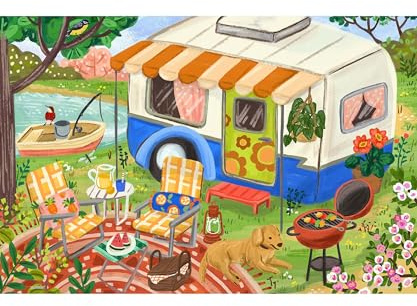 PieceRelax PieceClicks Plastic Jigsaw Puzzles for Adults 500 Pieces Camping Puzzle Olivia Gibbs - Campervan Camping Day - 18.8 x 12.6 Inches, Outdoor Adventure Scenic Art Puzzle [U1097]