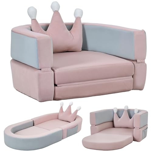 AIYAPLAY Sofá Infantil Convertible, Sofá para Niños con Cojín de Corona, Plegable en Cama y Zona de Juego, Tapizado de Terciopelo Suave, para Niños 18-36 Meses, Rosa y Azul Grisáceo