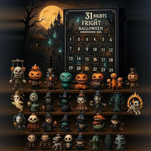 Halloween Adventskalender 2025, 31 Tage Fright, Halloween-Countdown-Box mit Figuren, Überraschungsgeschenke aus Kunstharz, Sammlerfiguren/Charms, Partydekoration