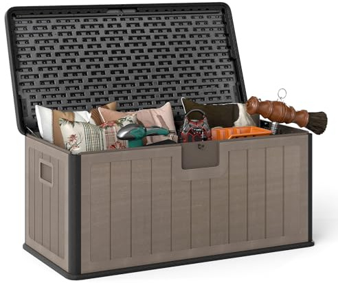GOPLUS 378 L Gartenbox, Auflagenbox wasserdicht, Aufbewahrungsbox mit abschließbarem Deckel & Griff, Kissenbox für Garten, Gartentruhe für Terrasse, Poolzubehör & Gartengeräte (Schwarz+Braun)