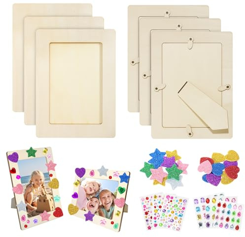 Itharon Bilderrahmen Holz Set, 6 Stück Holzbilderrahmen, Holzrahmen Leerrahmen zum Bemalen für Kinder Geburtstage, DIY Bastelset mit 3 Sorten Glitzersteinen & 3D Sternstickern