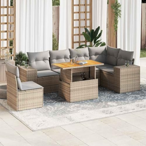 Qnhdfrt 7-TLG. Garten-Sofagarnitur Beige Poly-Rattan 100 x 55 x 73 cm höhenverstellbarer Gartentisch mit Akazienholzplatte modulares Balkonmöbel Set für Terrasse und kleinen Garten
