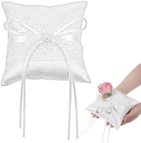 ADLABLD Ringkissen Hochzeit,Weiß Spitze Ehering Kissen mit Satinband,14.5cm x 14.5cm Ringhalter Kissen,Ringkissen für Trauung und freie Hochzeit