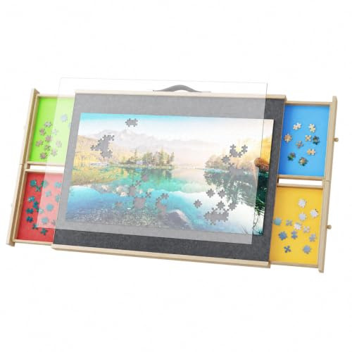 DWVO Jigsaw Puzzle Board with 4 Drawers for 1000 Pieces, 5-Angle Adjustable | 5-Angle Adjustable Tilting, Non-Slip Felt Surface, PP Cover & Swivel Casters, Portable Wooden Puzzle Easel