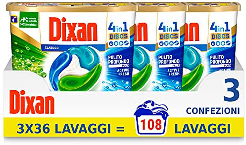 Dixan Discs Classic, Detersivo Lavatrice Predosato In Capsule, profumazione Classica, confezione da 3 x 36 Lavaggi