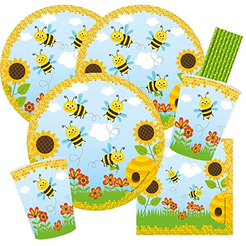 spielum 44-teiliges Party-Set Freche Bienen - Teller Becher Servietten Trinkhalme für 8 Kinder
