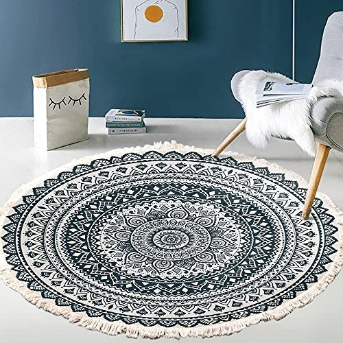 Vintage Boho Baumwolle Teppiche Mandala Muster Waschbar Handgewebte Böhmische Runder Teppich mit Quasten für Schlafzimmer Flur Wohnzimmer Couchtisch Fußmatten,Waschmaschinenfest,120CM Blumen #1