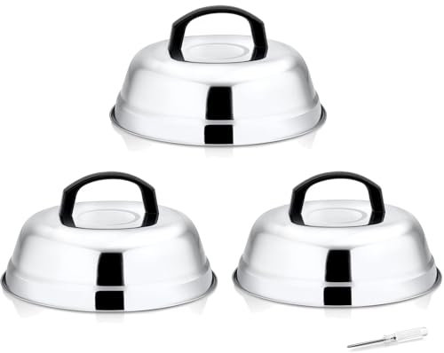 Leonyo 9 Inch Cheese Melting Dome Lid Set of 3, Stainless Steel Griddle Accessories, Durable Basting Steaming Cover for Teppanyaki Flat Top Griddle Grill, Hamburger Bacon Steak Patties, Plastic Handle