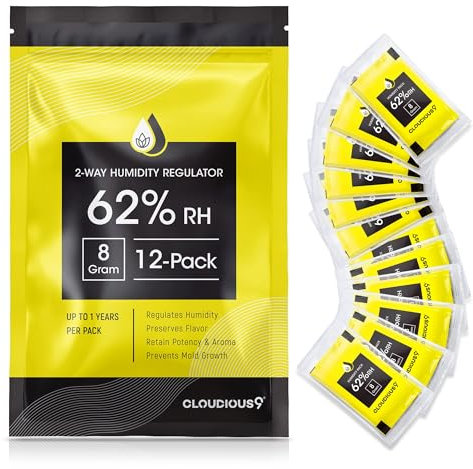 Cloudious9 -62 % 2-Wege-Feuchtigkeitspackungsregler, 8 g, 12 Stück für Humidoren, Kräuterblumen, einzeln versiegelter Beutel, Lösung für bequeme Befeuchtung