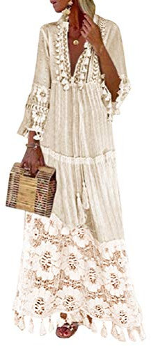 Minetom Langes Kleid Damen 3/4 Ärmel Spitzenkleid Einfarbig V-Ausschnitt Strandkleid Boho Party Maxikleid Cocktailkleid Beige 48
