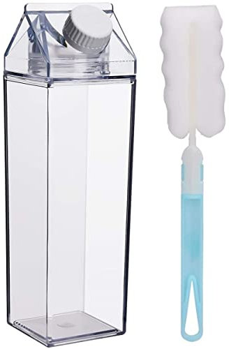 MiawPay 500ml/17Oz Milk Carton Water Bottle with Cleaning Brush BPA Free Reusable Milk Carton Shaped Water Bottle Leakproof Juice Tea Jug for Travelling Sports Camping Outdoor Activities