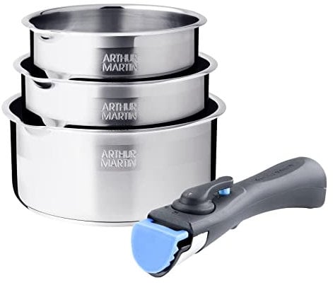 Arthur Martin - Juego de 3 cacerolas de acero inoxidable mango extraíble - AM3456