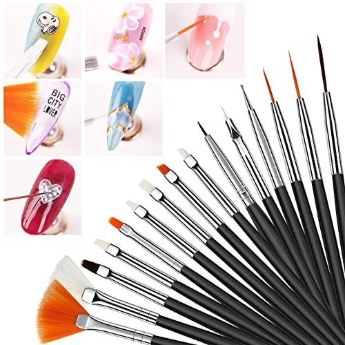 Pinselset Acryl Nagel Nail Art Nailart Pinsel Aquarellpinsel Nagelpinsel Glitzersteine Fein Set für Gelnägel Nägel Gel, 15 Stück Schwarz