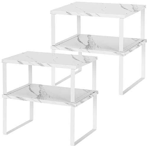 LIANTRAL Kitchen Shelf Organizer, Set of 4 Cupboard Shelf Organiser, Metal and Wood, Expandable and Stackable Spice Holder, Storage Shelves for Cupboard, Countertop, Pantry, Texture and White