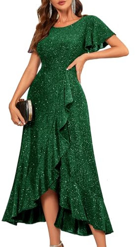 Berylove Pailletten Kleid Damen Kleid für Hochzeitsgäste Kleid Pailletten Damen Festkleid A Linie Kleid Konfirmationskleid Lange Abendkleider S007 DarkGreen XL