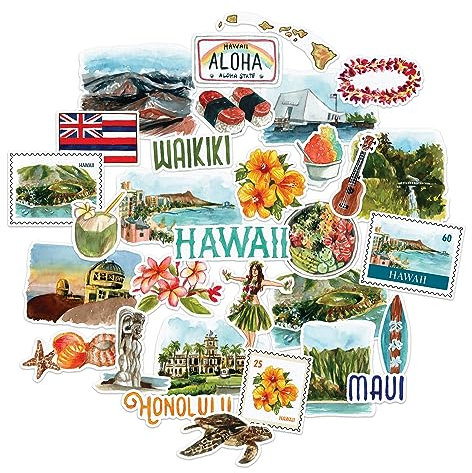 Navy Peony Exotische Hawaii State Reiseaufkleber (31 Stück) – Aquarell, wasserdicht, Amerika-Urlaubssticker für Scrapbooking, Journale und Koffer