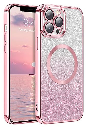 DUEDUE Glitzer Hülle für iPhone 12 Pro 6,1'' [MagSafe Kompatibel] Bling Bling Glänzende Handyhülle, Magnetische Stoßfeste Schutzhülle Soft TPU Hülle für iPhone 12 Pro, Rosa